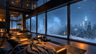 NYC Penthouse Blizzard Ambience | Cozy Fireplace &amp; Snowstorm Sounds (10 Hours)