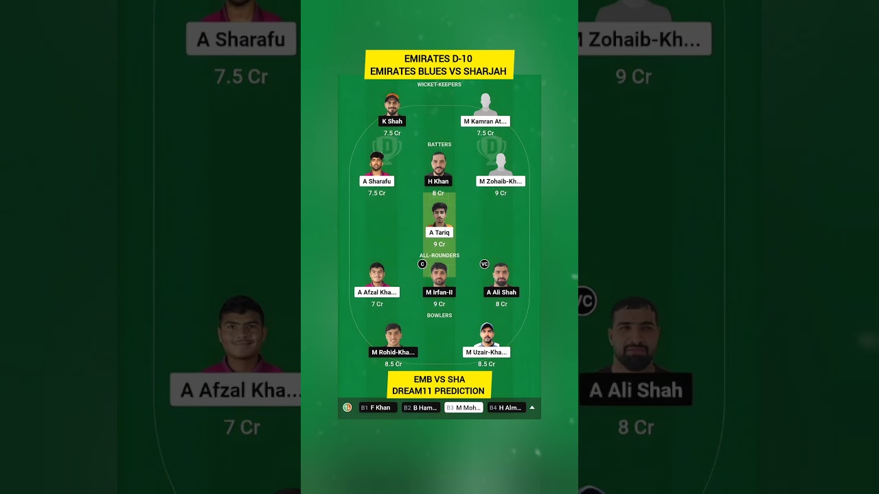 Emirates D-10 today match emirates blues vs Sharjah emb vs sha dream11 prediction 