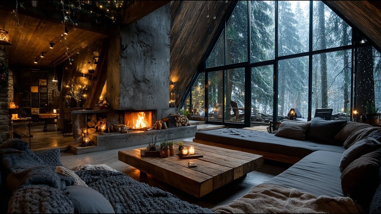 Crackling Fireplace & Snow Outside | Natural Indoor Sounds