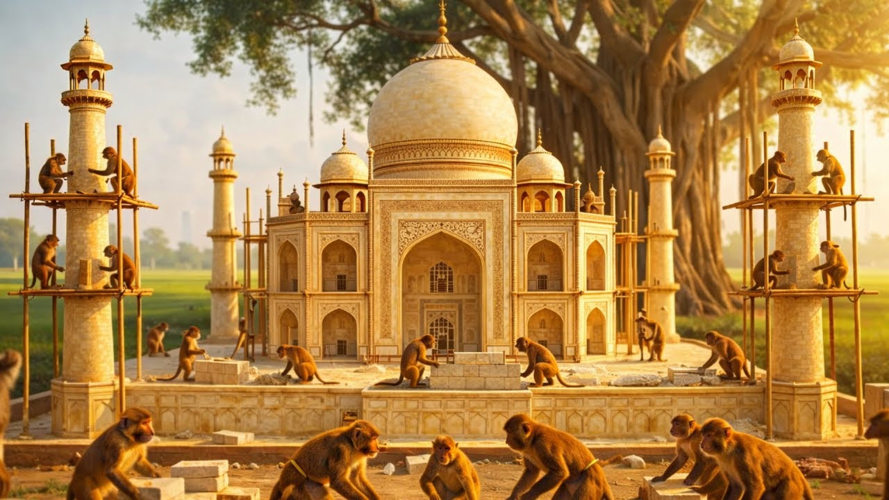 Unbelievable! Indian Monkeys Rebuild the Taj Mahal & Enjoy a French Fries Feast 🐒🏛️🍟 | 4K Cinematic