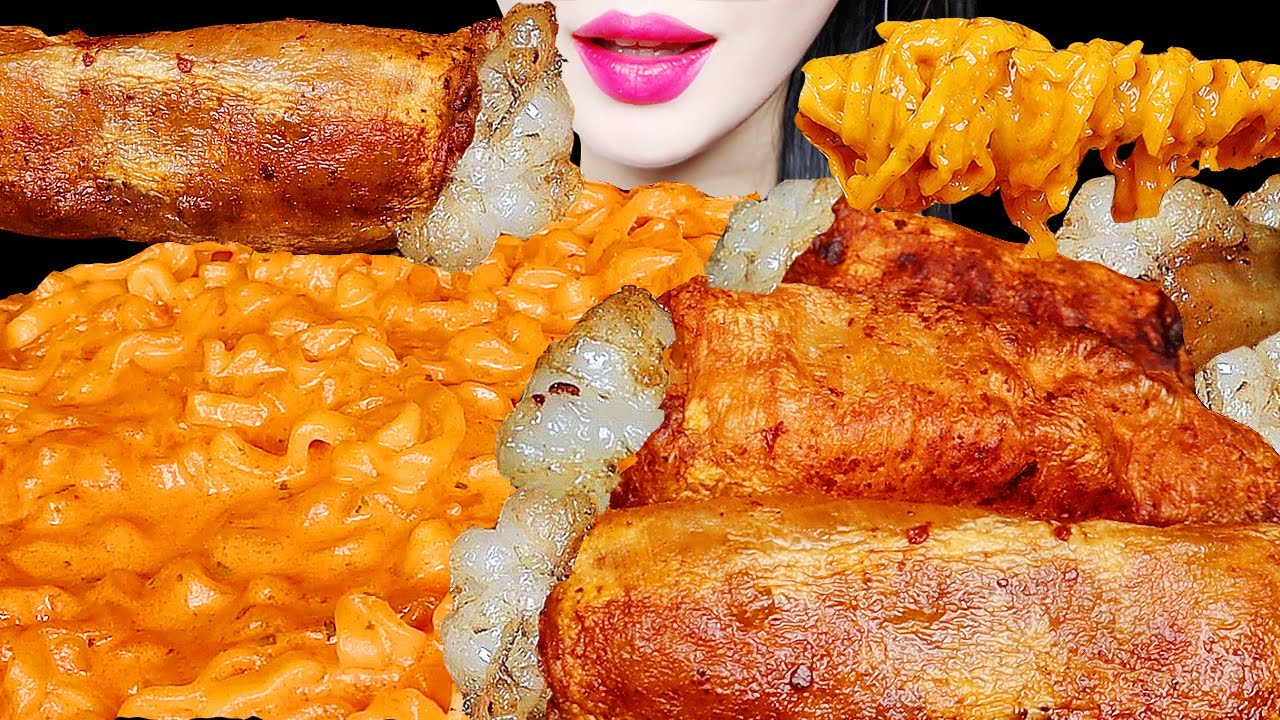 ASMR 바삭한 통대창 먹방 CHEESY CARBO FIRE NOODLE, BEEF INTESTINES 까르보불닭EATING SOUNDS MUKBANG NO TALKING