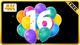 Balloons number 16 with confetti birthday black screen loops