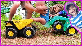 Toy Dump Truck and Tractor Deliver Baby To Swing