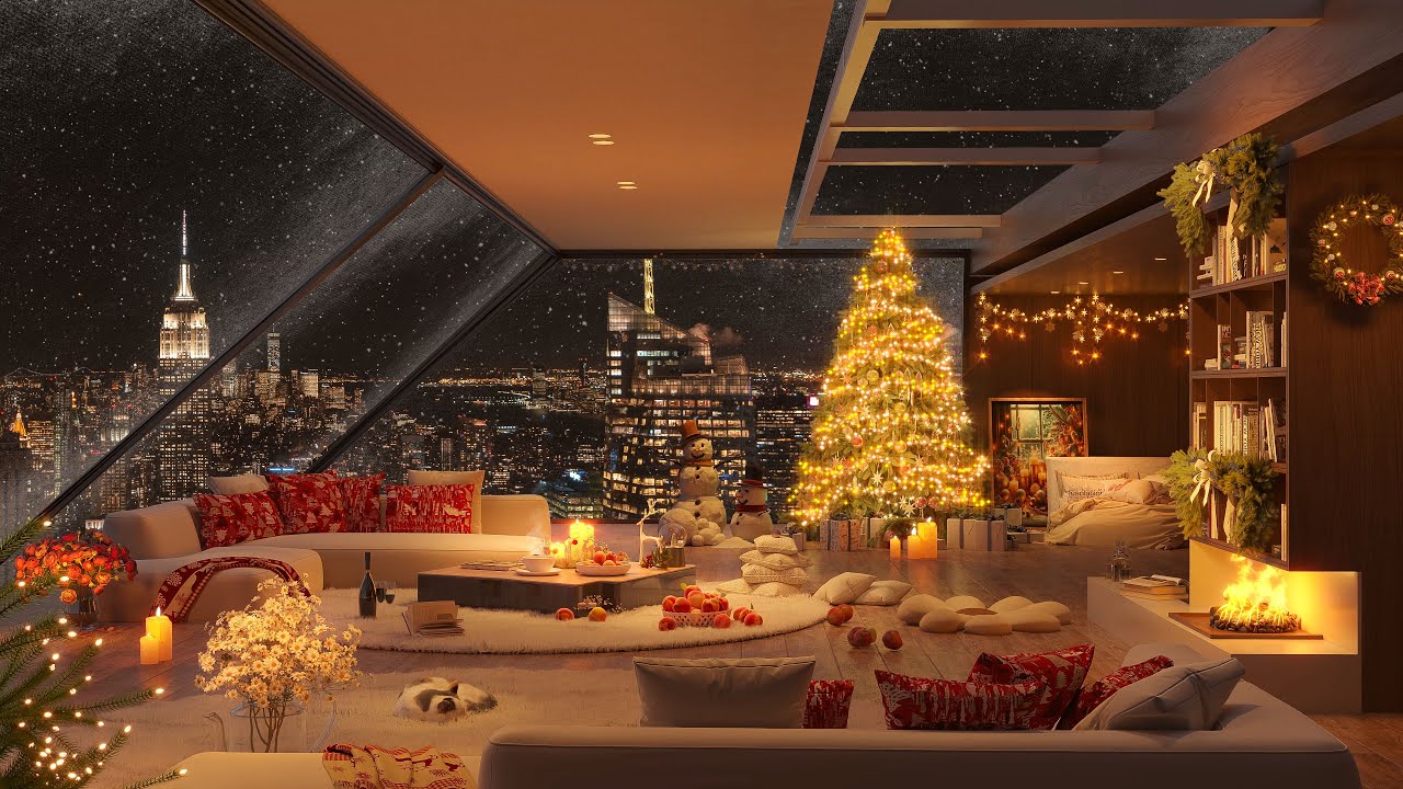 ❄ New York on Snowing Night in Luxurious Christmas Apartment 2025 🎄🎅Christmas Jazz by Warm Fireplace