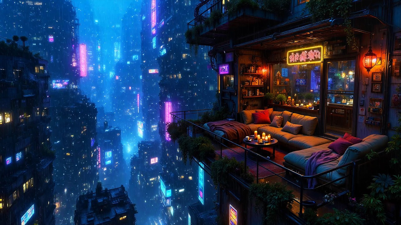 Lofi Ambient – Cozy Rainy Balcony Overlooking a Futuristic Cyberpunk City | Sleep and Focus | 4K