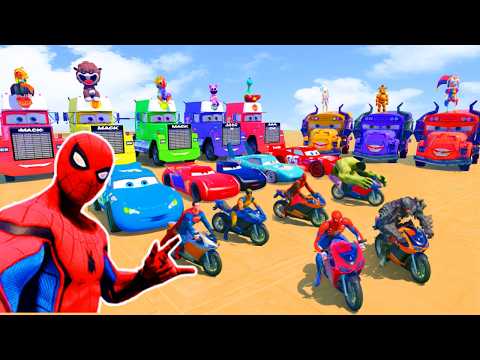 GTA V SPIDER-MAN Against Batman, Superheroes on Motorcycle in RAINBOW SPIDERS BRIDGE