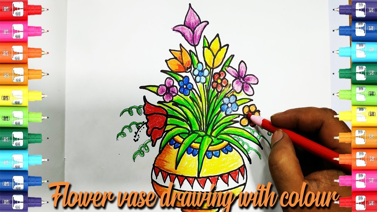Flower vase drawing with colour - Easy Kids Drawing Tutorial - YouTube