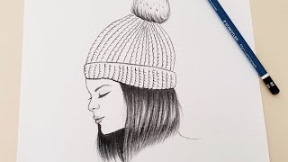 رسم بنت بالرصاص للمبتدئين بطريقة سهلة وبسيطة | how to draw a girl wearing winter cap for beginners