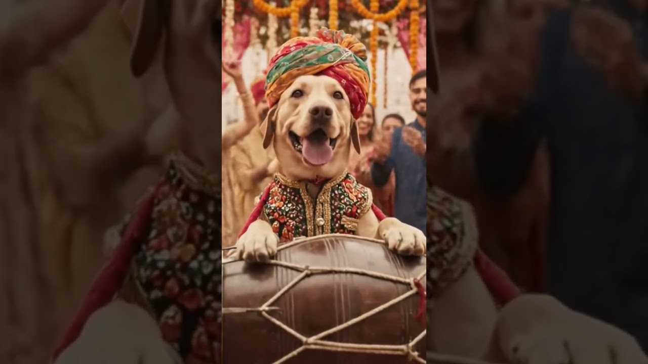 Dog standing on hind legs, playing dhol at wedding baraat.