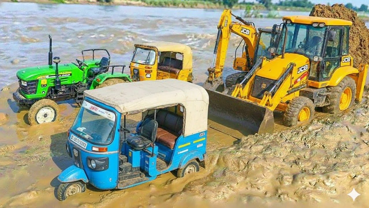 New JCB 3rd muddy accident pulling out auto rickshaw l jcb tractor cartoon l kids cartoon 