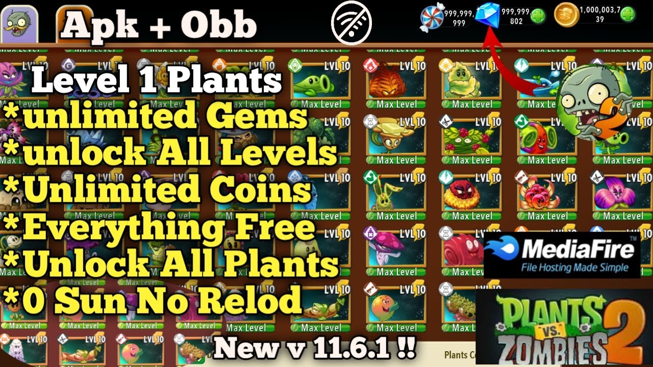 Plants vs Zombies 2 Mod Apk v 11.6.1 with Level 1 Plants & No Full Map
