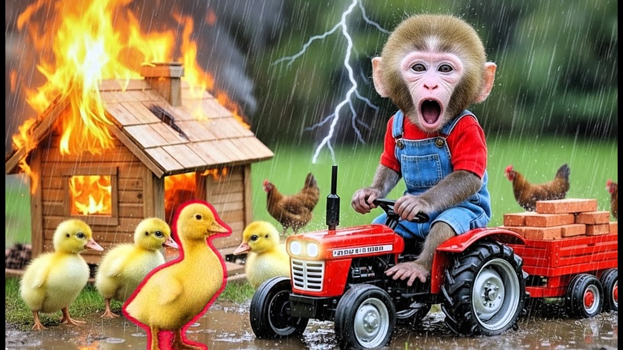 Monkey Farmer And Duckling Drives Tractor Through Thunderstorm To Save Chickens - Monkey Farm Work