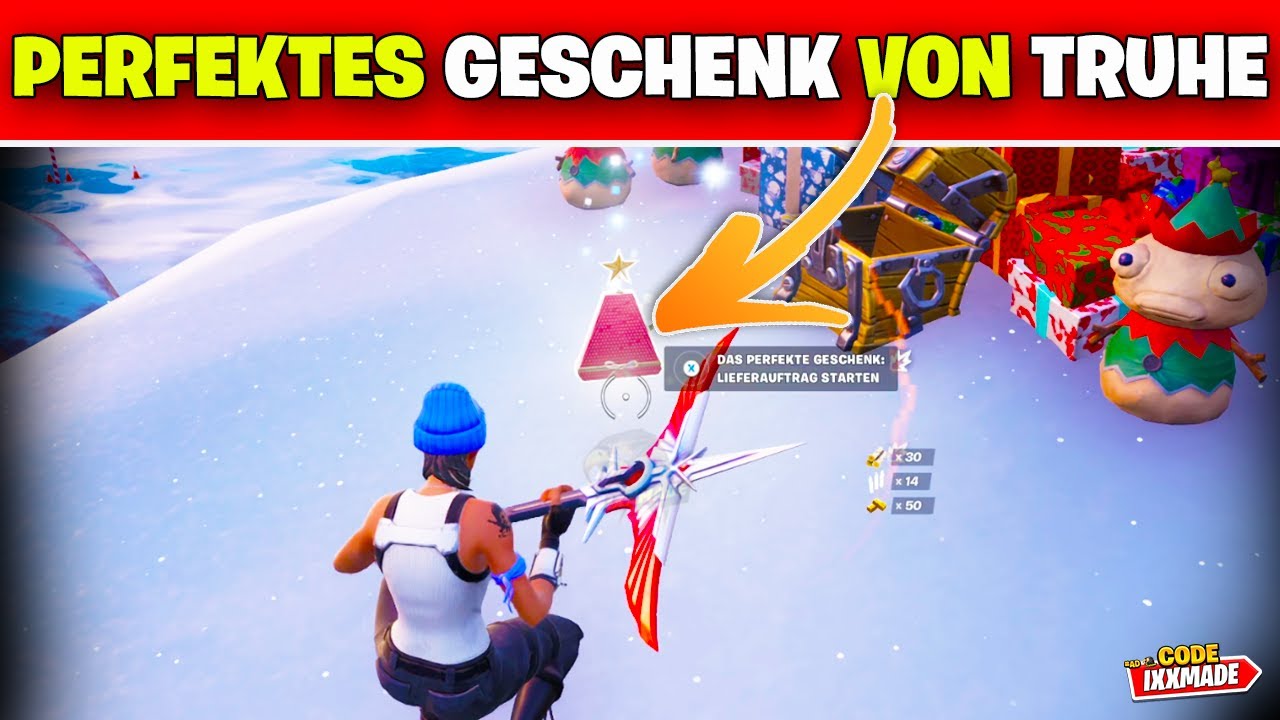Sammle ein perfektes Geschenk von einer Truhe ein Fortnite Winterfest Aufgabe