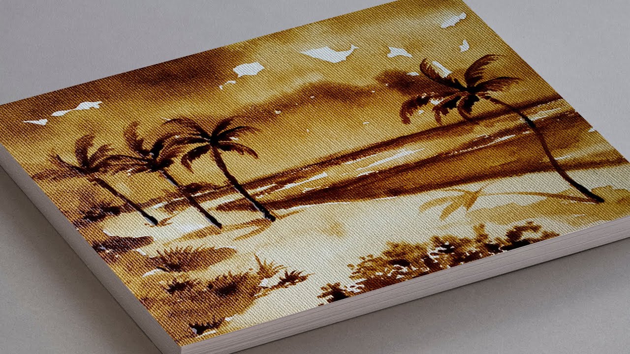 COFFEE PAINTING FOR BEGINNERS | TROPICAL SCENERY DRAWING PALM ...