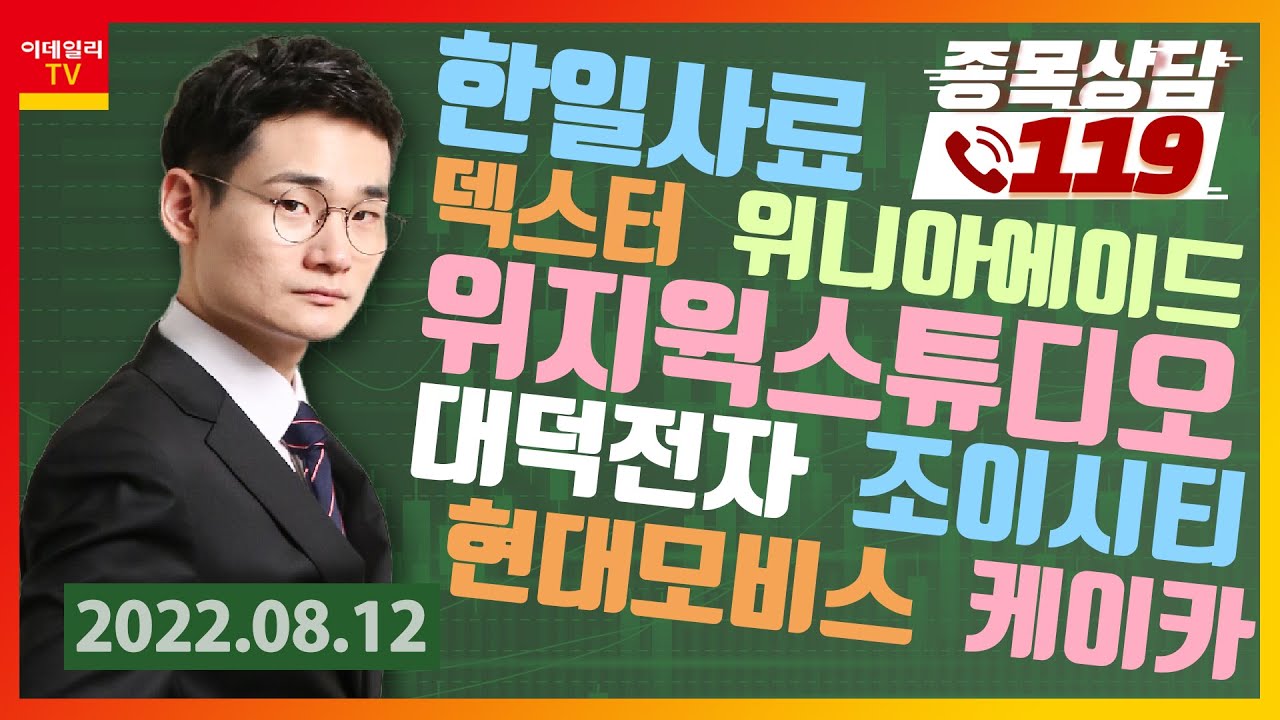 덱스터, 한일사료, 위지윅스튜디오, 위니아에이드, 대덕전자, 현대모비스, 조이시티, 케이카_이데일리맵 오현진_종목상담 119  (20220812)