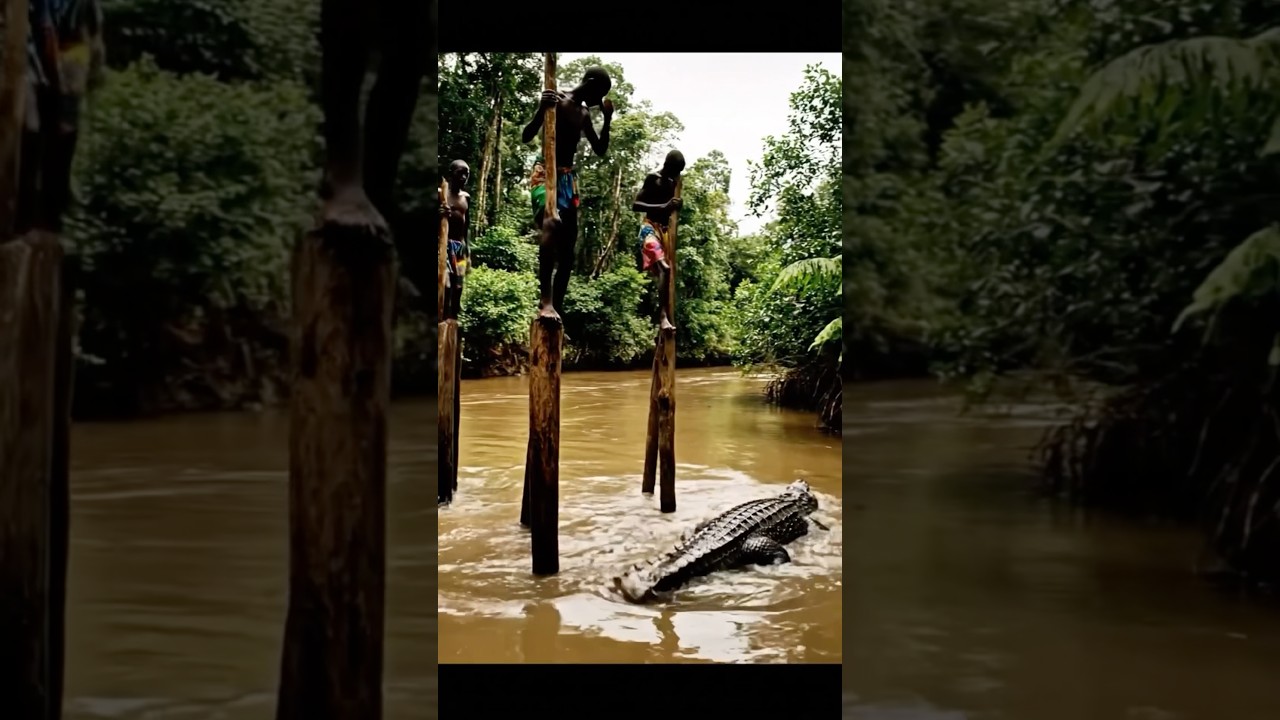 African Fulani men using long stick to cross a river full of crocodiles 