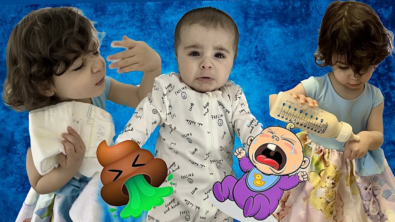 Big sister taking care of her 6 month old baby brother (grossed out by bAby poop)