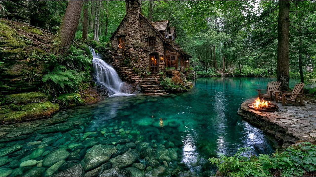 Soothing Piano Music in a Cozy Forest Cabin 🌲🔥 Riverside Campfire & Birds Sounds for Sleep & Medit