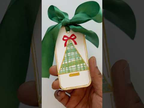 Holiday gift tag Green Plaid Christmas Tree tie a Satin Ribbon | Easy Holiday Craft #christmascard