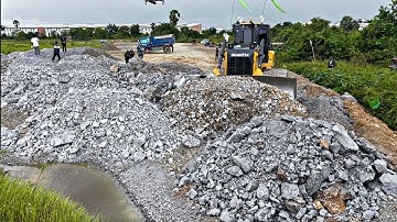 Fantastic Landfill Work! Fill Stones into Flood Zone by SHantui DH17C3 Dozer Pushing with Heavy Dump