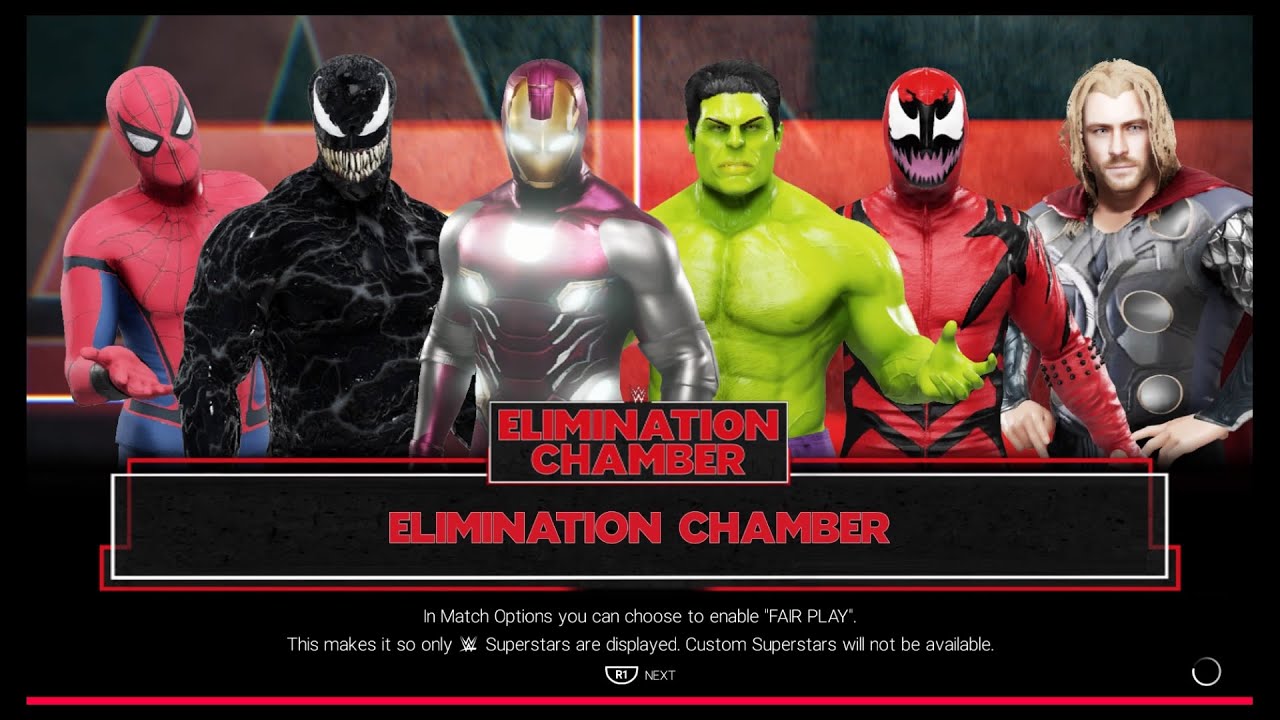 WWE 2K19 - Marvel characters(Spider-man,Venom,Iron-man,Hulk,Carnage and Thor) - Elimination Chamber.