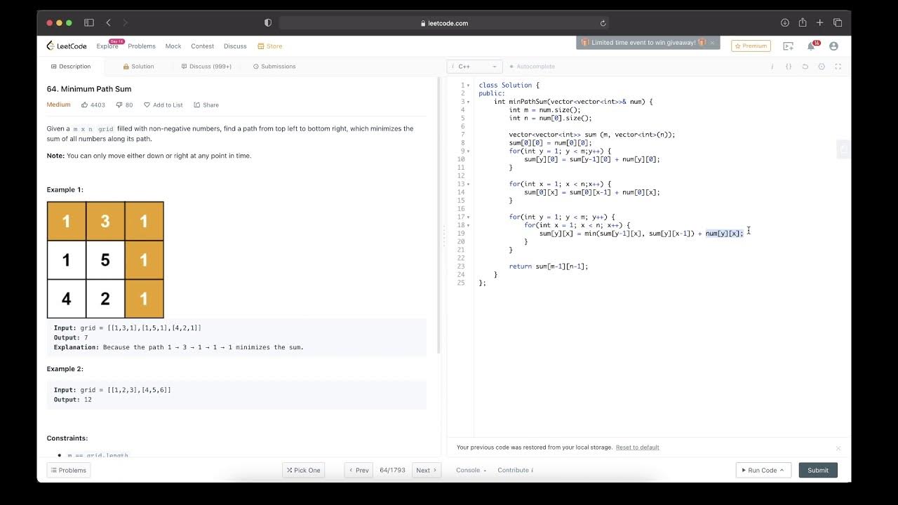 LeetCode 64. Minimum Path Sum - Explicación + Solución en C++ - YouTube