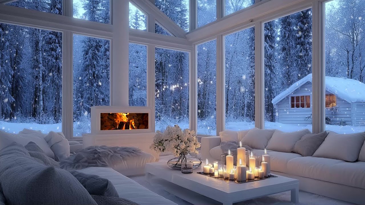 🎹 ❄️ Winter Piano White Room | Snow Window Fireplace Scene | Focus Study, Deep Calm & Relax