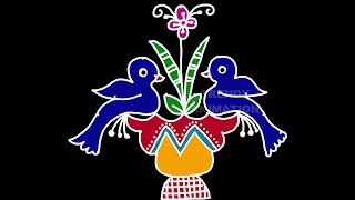 Birds rangoli design with pot | 8dots Creative bird rangoli with pot | Rangoli with colors |