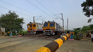 Perfect Parallel Train Crossing : Speedy Old ONOL EMU Local And Arodynamic Local Train At Railgate