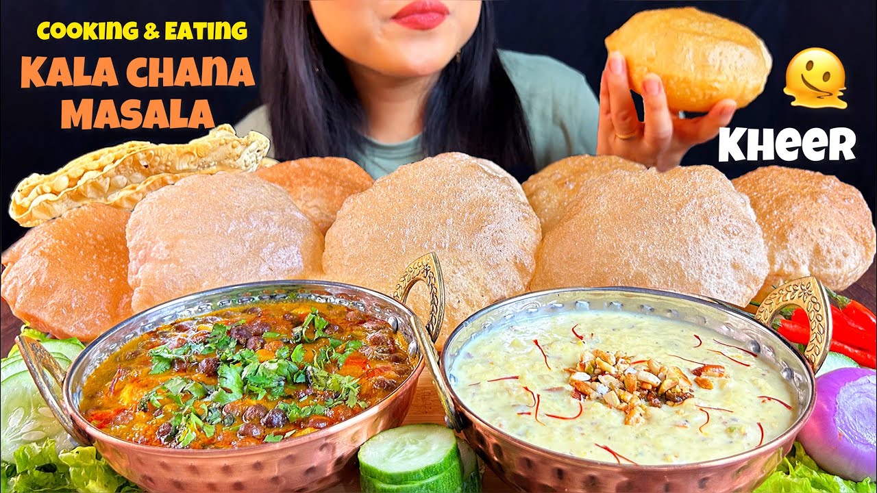COOKING EATING KALA CHANA MASALA KHEER PURI SALAD INDIAN FOOD COOKING EATING KALA CHANA MASALA KHEER PURI SALAD INDIAN FOOD