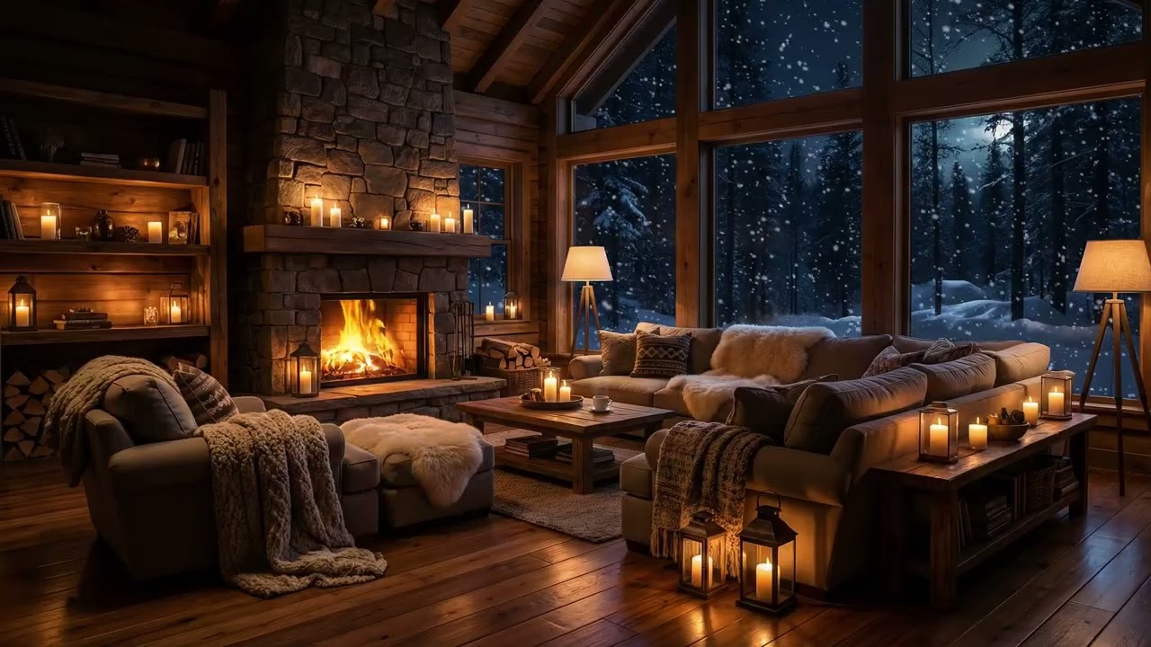 Soft Blizzard Outside & Crackling Fireplace | Cozy Winter Cabin Ambience for Deep Sleep