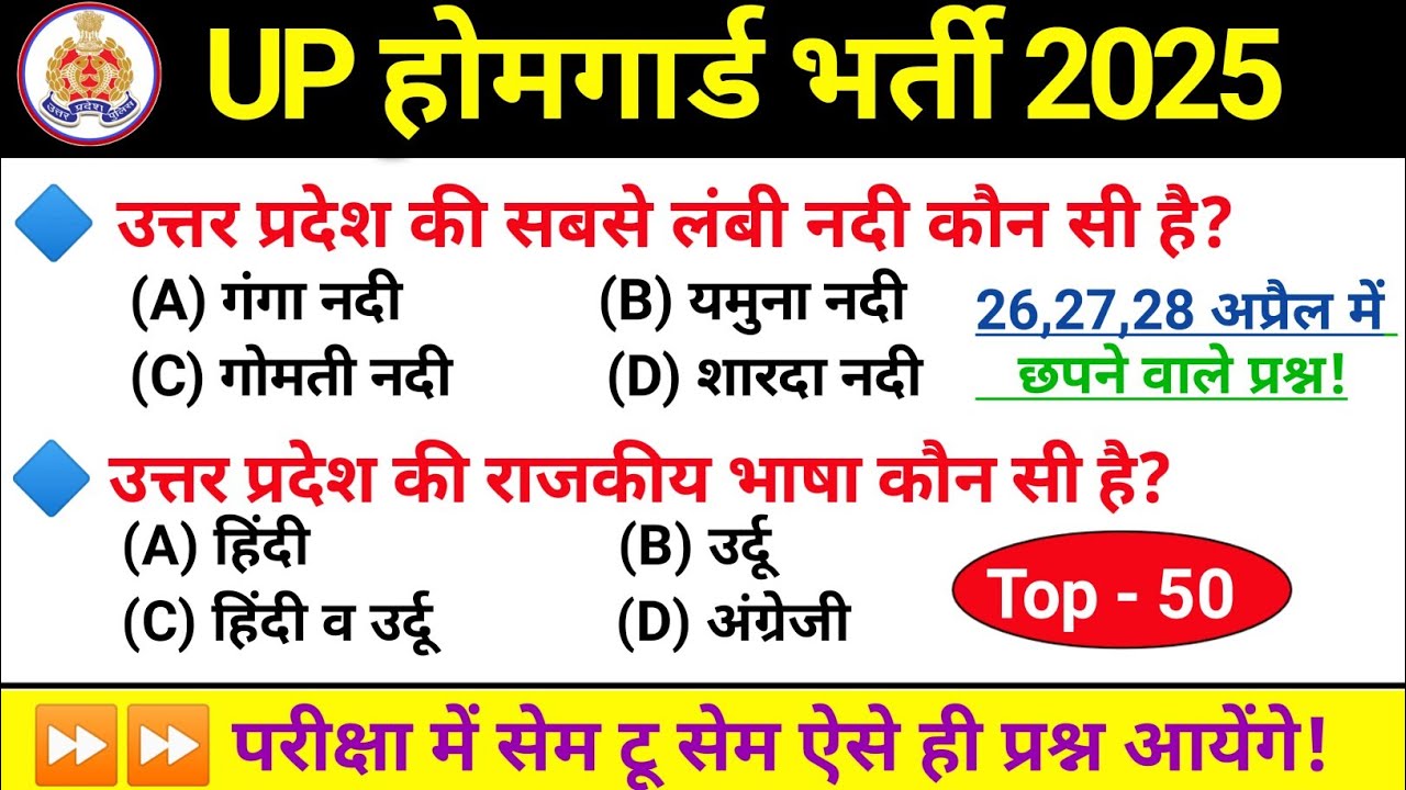 Home Guard GK Questions 2025. GK Questions UP Home Guard. UP GK in Hindi.