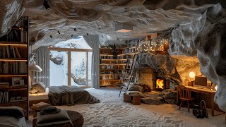 Cosy Cave Forest House Ambience | Melancholic Piano, Snowstorm, Fire | Calming, Sleeping, Relaxation