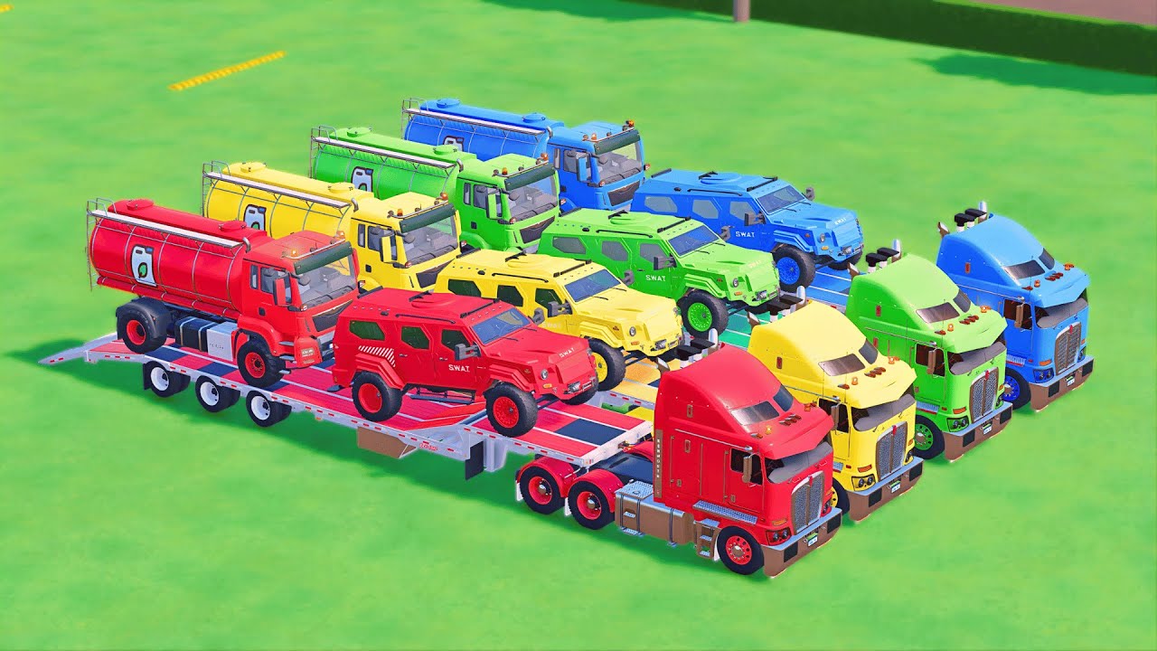 TRANSPORTING KENWORTH, SWAT POLICE CARS, TANKER TRUCK, COLORFUL CARS WITH TRUCK - FS22