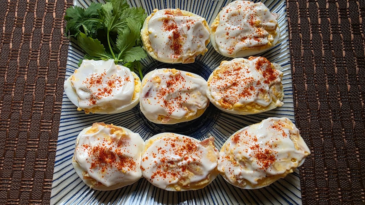 Huevos rellenos de jamon serrano.receta facil y deliciosa