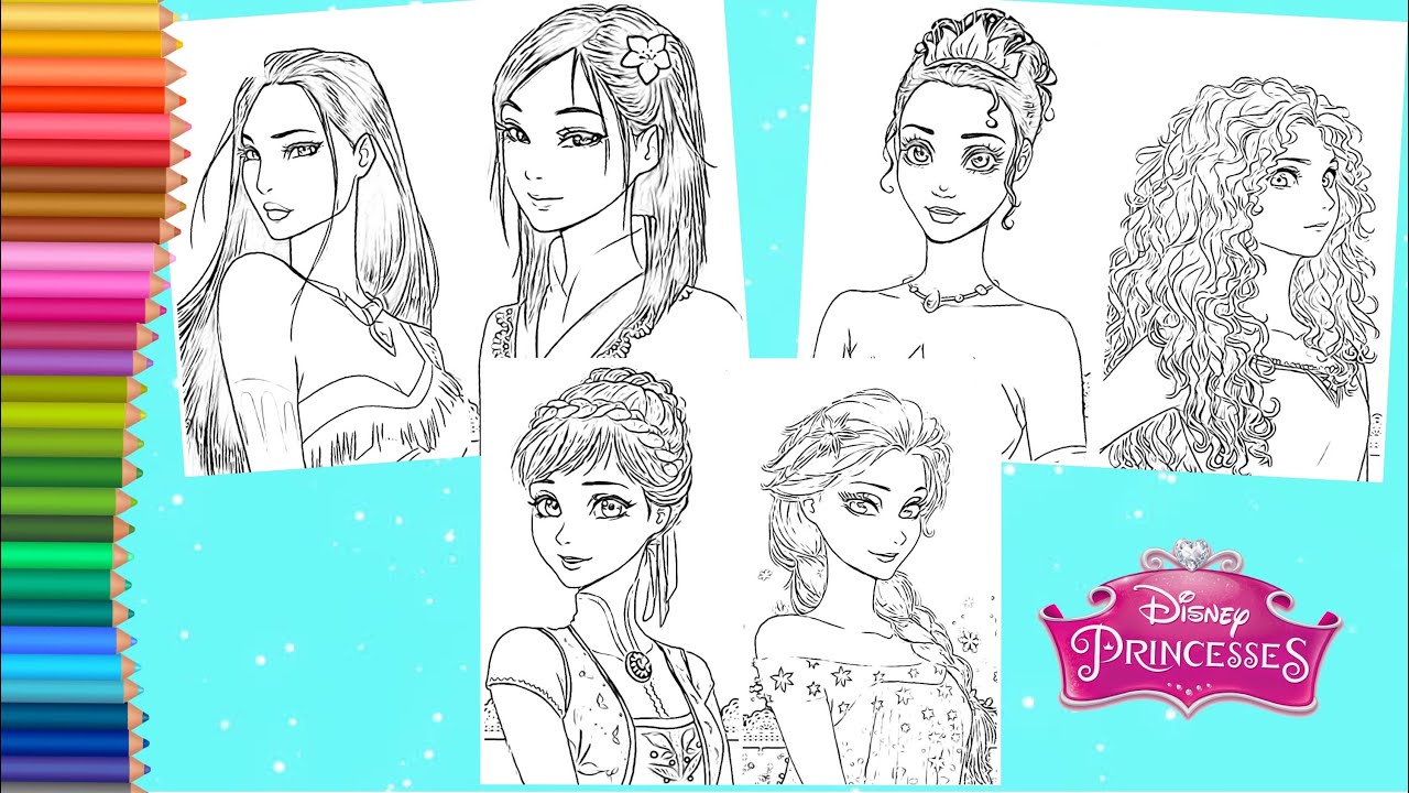 Coloring Disney Princess Anime Mulan Elsa Anna Tiana Merida & Pocahontas    Anime Coloring Pages