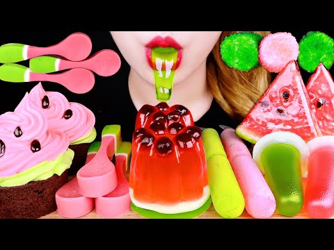 ASMR CANDIED WATERMELON, EDIBLE SPOON, CANDY MARSHMALLOW *WATERMELON DESSERT* EATING SOUNDS MUKBANG