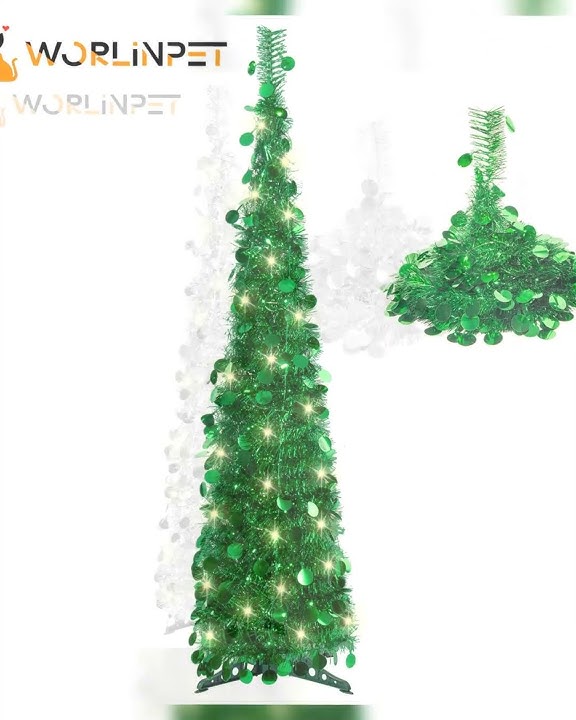 5ft Pre-Lit Tinsel Pencil Tree, Popup Skinny Collapsible Artificial Christmas Trees for Home Decor