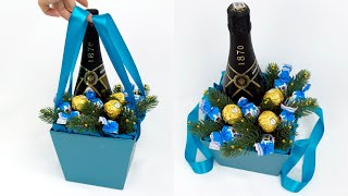 Новогодний букет с шампанским и конфетами. Легко и просто подарок своими руками.