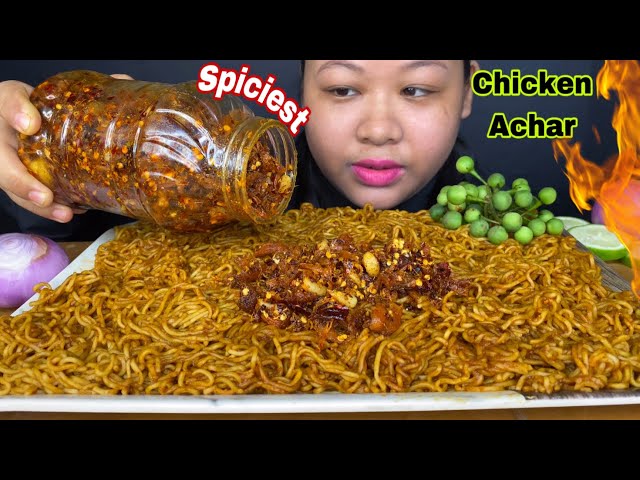 LOT’S OF SPICY 🔥CHICKEN KA ACHAR & CHINESE STYLE MAGGI MUKBANG | ASMR | BIG BITES | CHICKEN MUKBANG class=