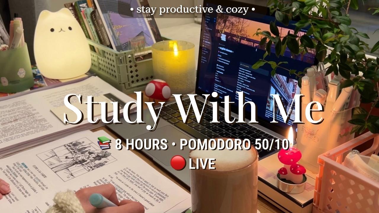 LIVE | 8 HR STUDY WITH ME | Pomodoro 50/10 🪵 Cozy Fireplace for Deep Focus