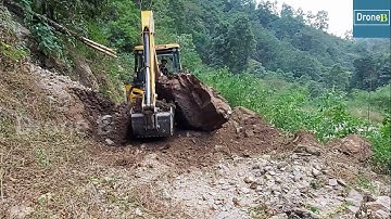 Hilly Landslide Dirt Removing-Backhoe Loader-Opening Blocked Narrow Road