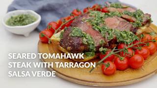 Barbecued tomahawk steak with miso and tarragon salsa verde