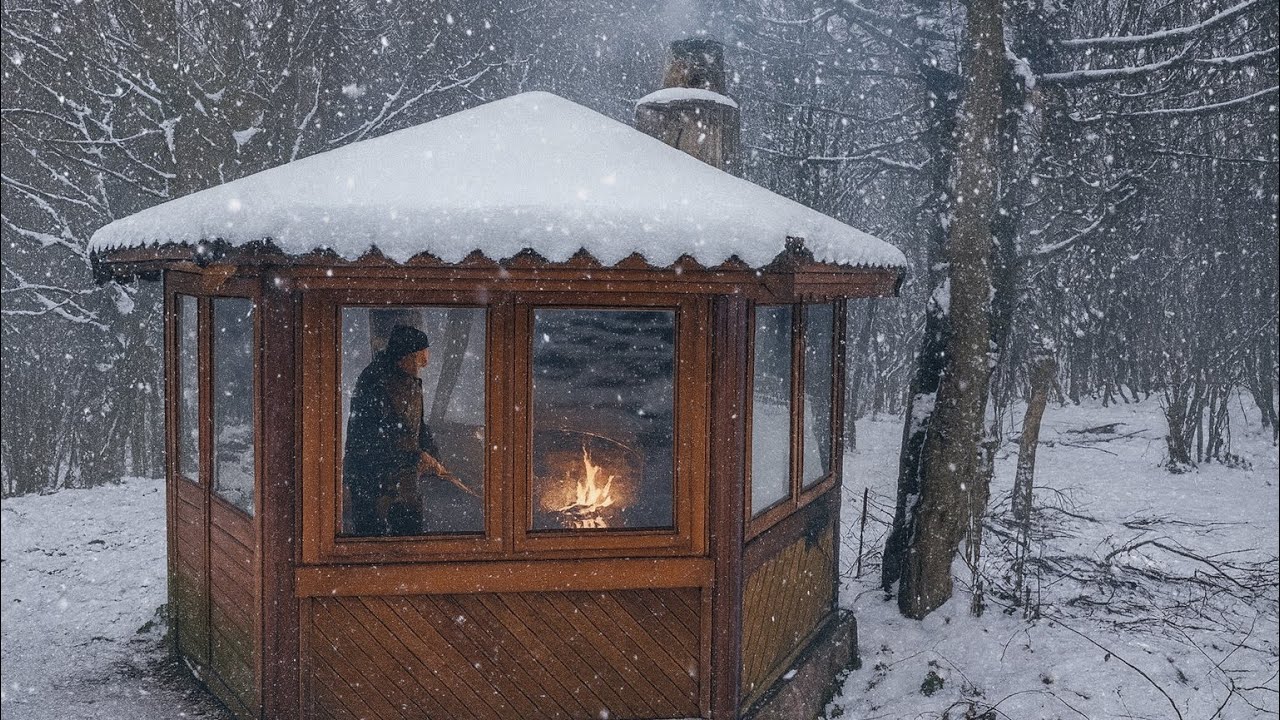 Спрятался в деревянном доме во время снегопада – морозный зимний день
