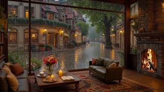 Rainy Night Study Coffee Shop 🌧️ Smooth Jazz Melodies, Fire Crackles For Work &amp; Deep Focus