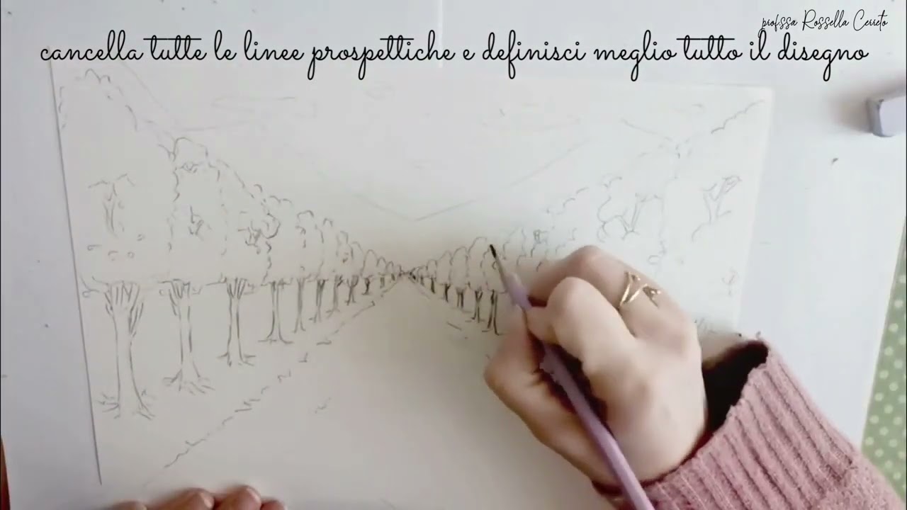 Prospettiva del viale alberato con acquerelli