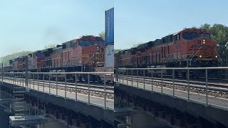 Giant 4x3x0 BNSF Mega Stack train ft H1 Dash 9 & BNSF Warbonnet! BNSF Transcon: Emporia sub..8/24/24