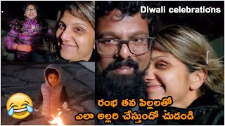 Actress Rambha Diwali Celebrations With Her Family Rambha Enjoying With Her Kids Tfpc