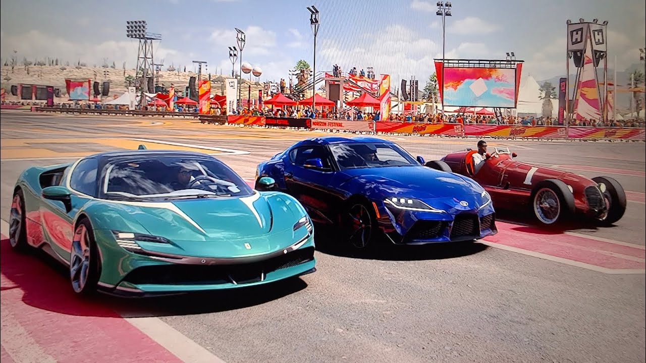 Forza Horizon 5 drag race Ferrari SF90 Stradale Vs Toyota Supra GR Vs Maserati 8CTF