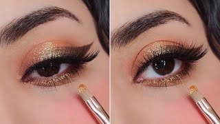 Easy Soft Peachy Eyeshadow Tutorial with Gold Glitter & Brown Eyeliner ✨